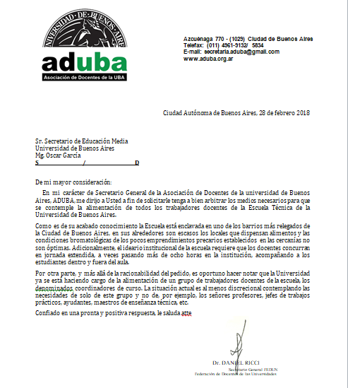 PEDIDO DE ALIMENTACIÓN PARA LOS DOCENTES DE LA ESCUELA TÉCNICA DE LA UBA